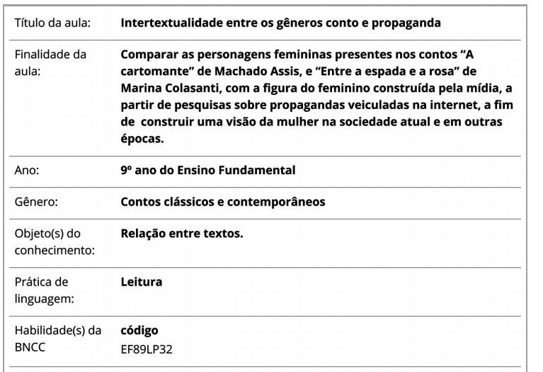 Título da aula: intertextualidade entre os gêneros conto e propaganda.  Finalidade da aula: comparar as personagens femininas presentes nos contos “A cartomante”, de Machado de Assis, e “Entre a espada e a rosa”, de Marina Colasanti, com a figura do feminino construída pela mídia, a partir de pesquisas sobre propagandas veiculadas na internet, a fim de construir uma visão da mulher na sociedade atual e em outras épocas.  Ano: 9º ano do Ensino Fundamental.  Gênero: contos clássicos e contemporâneos.  Objeto(s) do conhecimento: relação entre textos.  Prática de linguagem: leitura.  Habilidade(s) da BNCC: EF89LP32.
