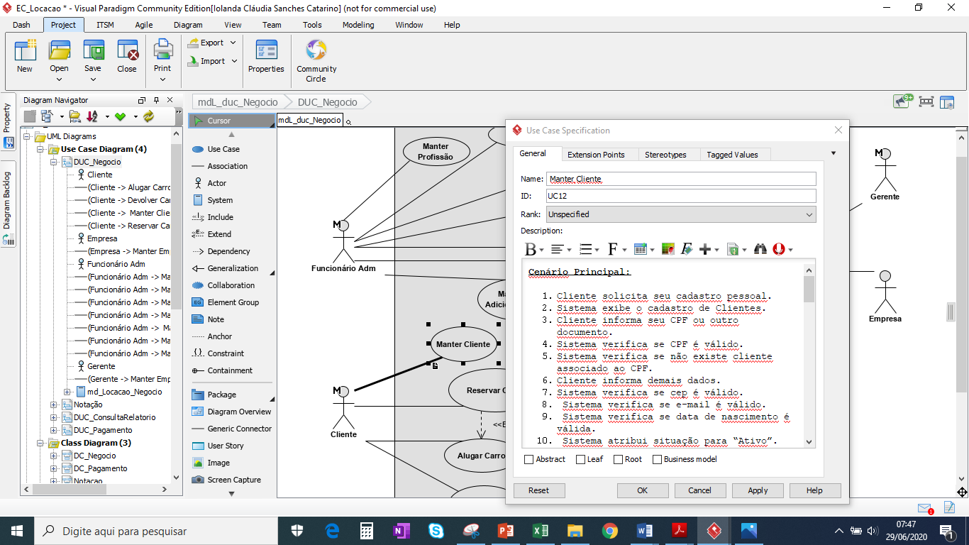 A imagem ilustra a tela do software Visual Paradigma com o diagrama de caso de uso DUC_Negócio aberto, selecionado o caso de uso Manter cliente e uma caixa de texto de especificação do caso de uso para gerar a documentação.
