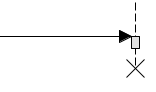 Pequeno retângulo estreito vertical com linha tracejada nas partes superior e inferior, com o símbolo X na parte inferior e uma seta com ponta fechada apontado para o retângulo pelo lado esquerdo.