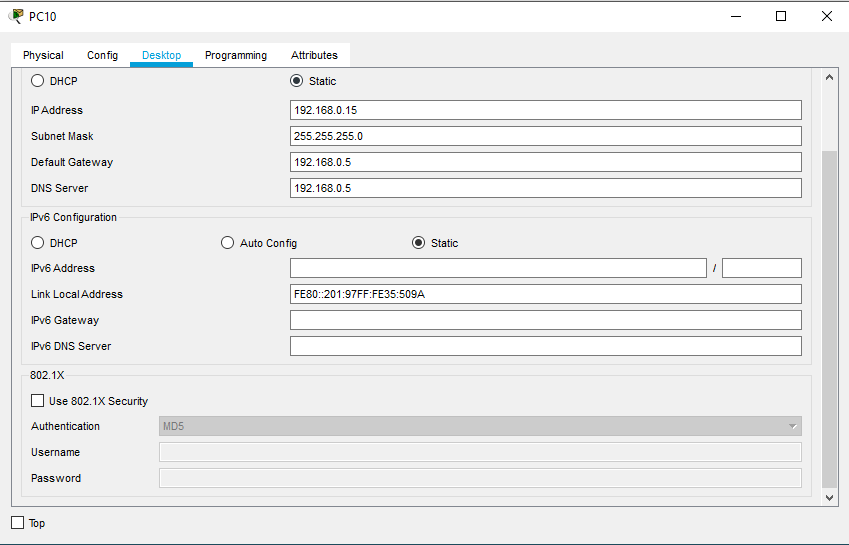 A imagem ilustra uma captura de tela do Packet Tracer, de configuração de IP e definição de DNS Server.