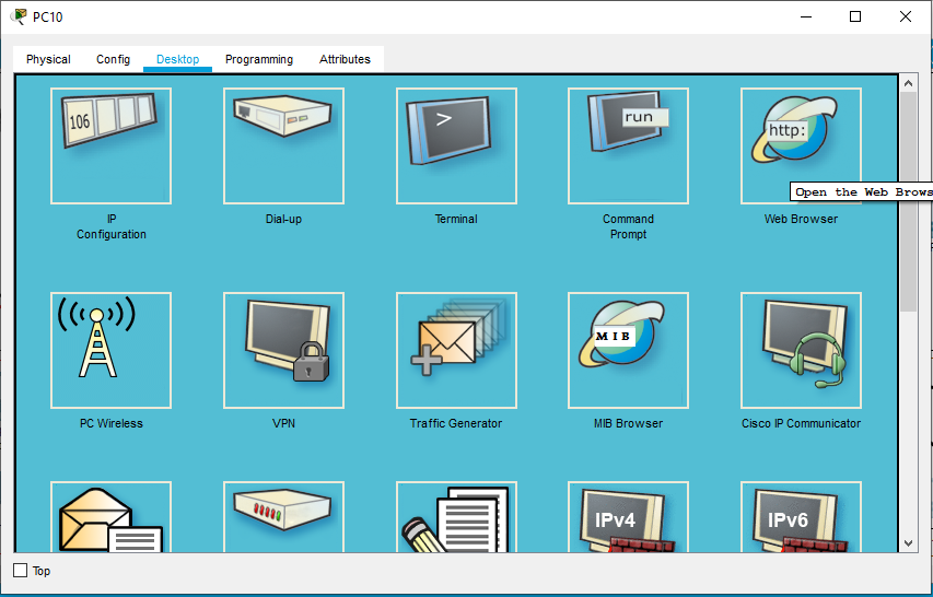 A imagem ilustra uma captura de tela  do Packet Tracer, de configuração de IP com a opção Web Browser destacada.