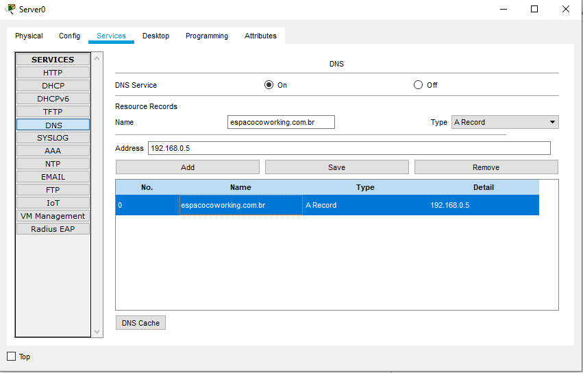 A imagem ilustra uma captura de tela  do Packet Tracer, de configuração de DNS.