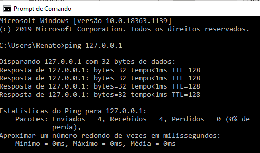 A imagem mostra a captura de tela do prompt de comando com o comando ping.