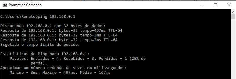 A imagem mostra a captura de tela do prompt de comando do sistema operacional com o comando ping 192.168.0.1 e a resposta do comando.