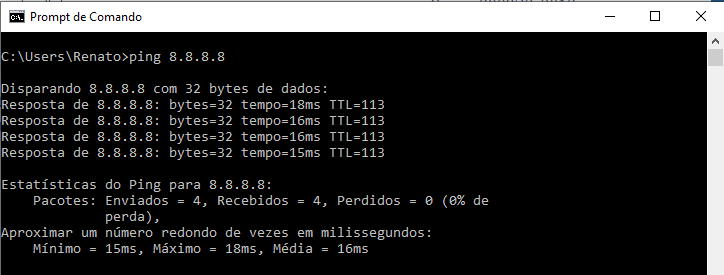 A imagem mostra a captura de tela do prompt de comando do sistema operacional com o comando ping 8.8.8.8 e as respostas e estatísticas.